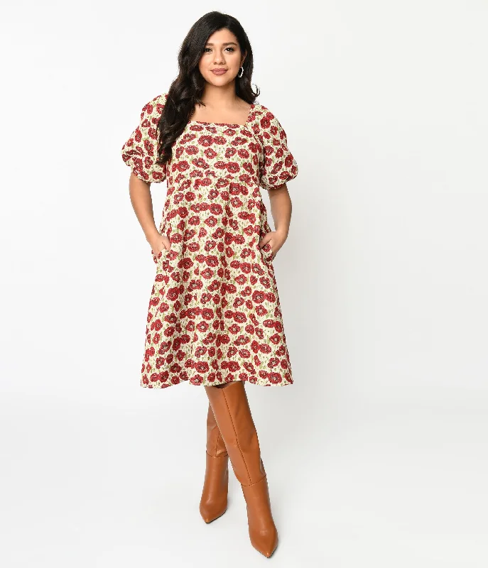 Women's flare dress statement -Ivory & Red Floral Kiss Jacquard Fit & Flare Dress