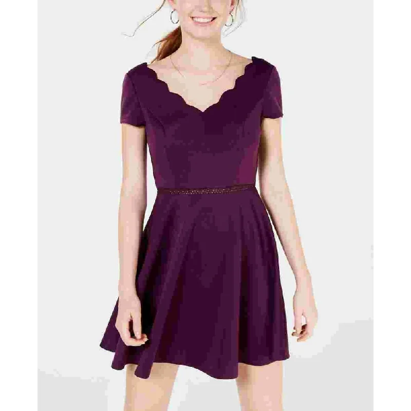 Women's flare dress matte -City Studios Women's Short Sleeve V Neck Above The Knee Fit and Flare Dress Purple Size 15