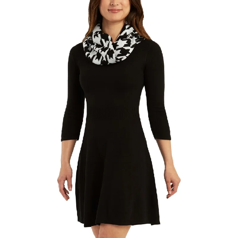 Women's flare dress mesh -BCX Junior's Printed Scarf Fit & Flare Sweater Dress Black Size X-Large