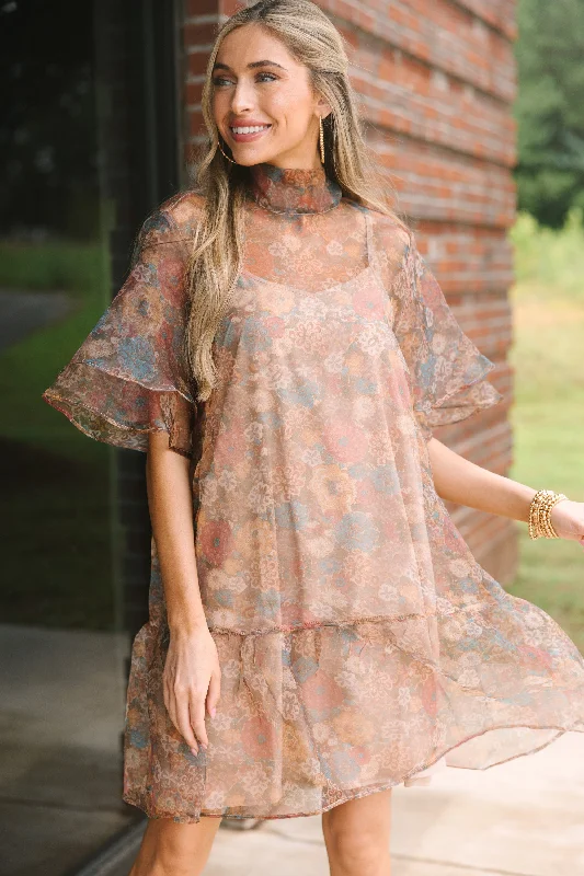 Women's floral dress wedding guest -Take It Back Brown Floral Organza Dress