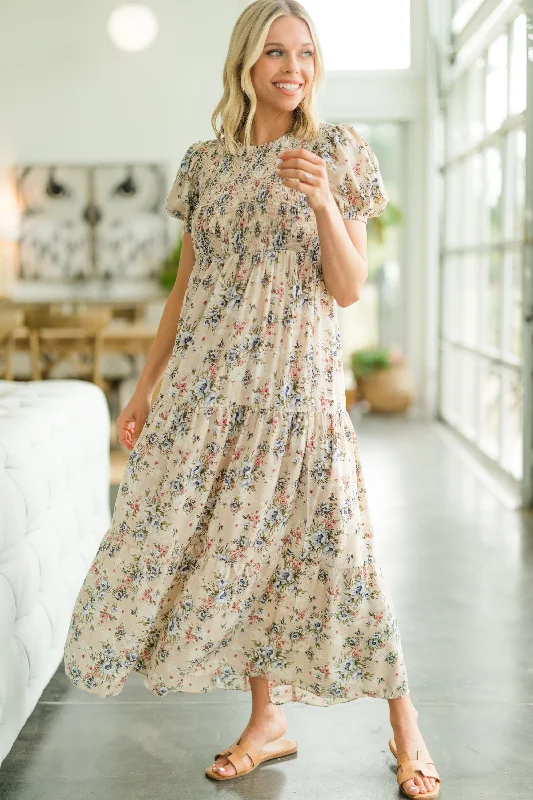 Women's floral dress slit -What A Day Beige Brown Ditsy Floral Maxi Dress