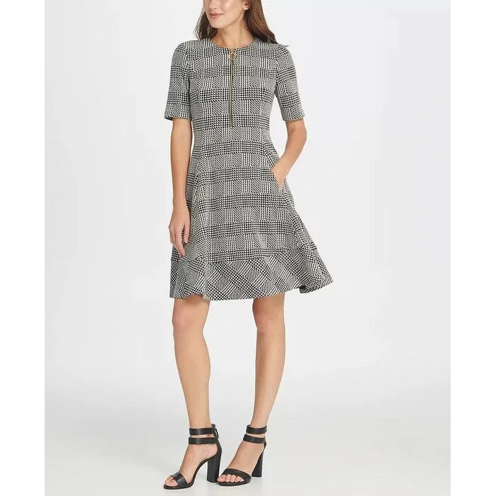 Women's flare dress round neck -DKNY Women's Texture Knit Zipper Fit & Flare Dress Grey Size 10