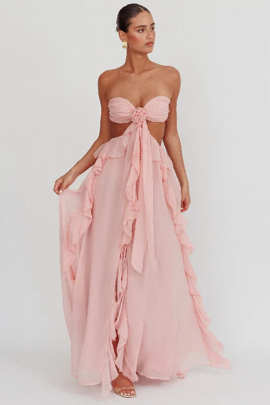 ladies-maxi-dress-gala-flow-Santiago Cut-Out Ruffle Maxi Dress Blush