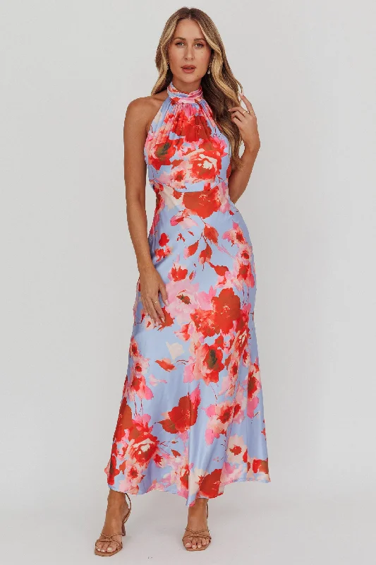 ladies-maxi-dress-shift-relaxed-Shana Halterneck Maxi Dress Roses Blue