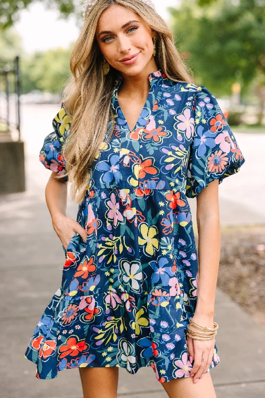 Women's floral dress Easter -THML: On My Mind Navy Blue Floral Babydoll Dress