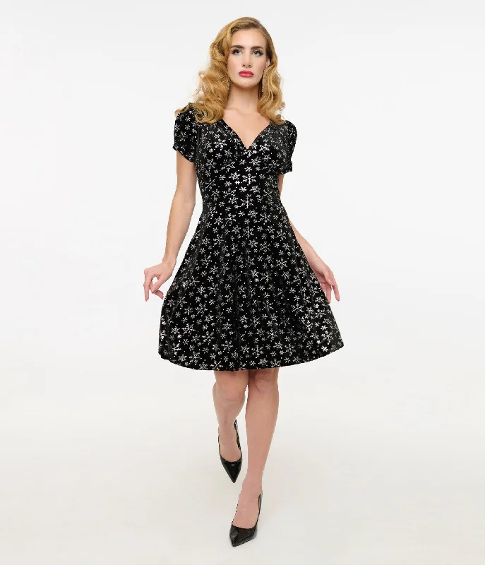 Women's flare dress floral -Hell Bunny 1950s Black & Silver Metallic Snowflake Velvet Fit & Flare Dress