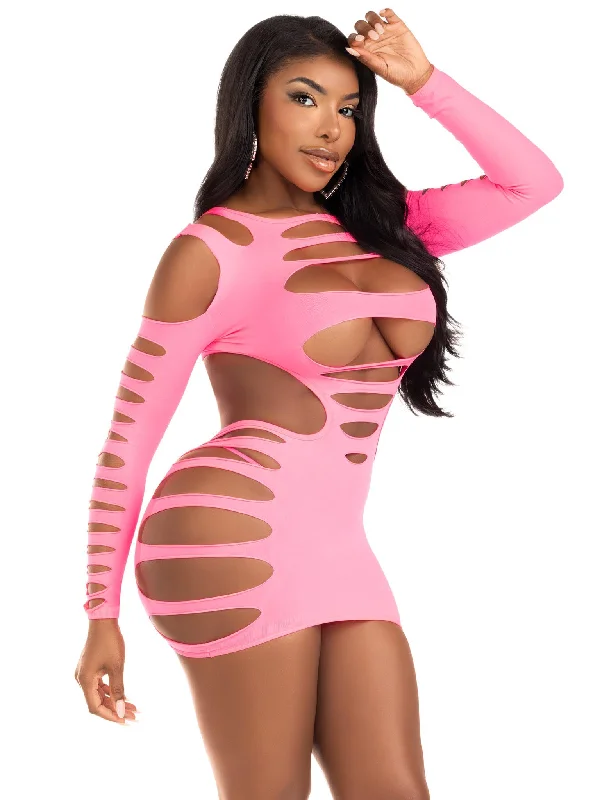 ladies-mini-dress-vermilion-vibe-Opaque ShRedded Cut Out Mini Dress in Neon Pink