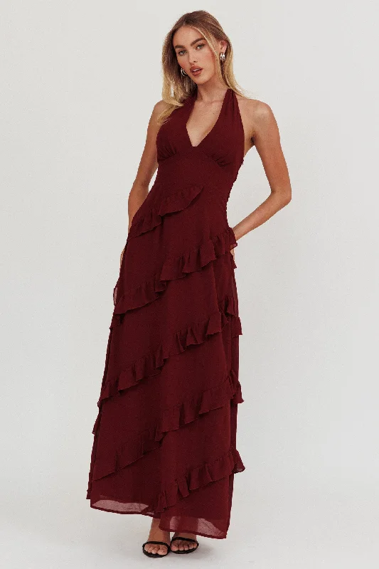 ladies-maxi-dress-mesh-sweep-Flirt Frill Trim Halter Maxi Dress Wine