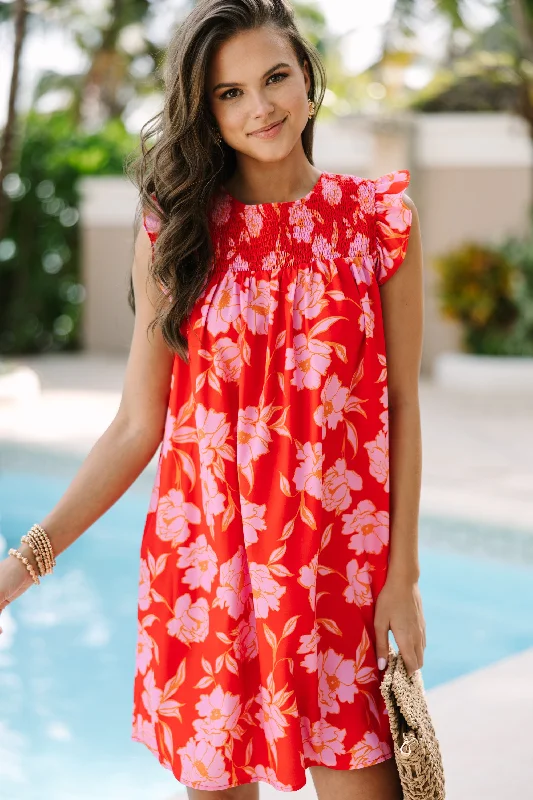 Women's floral dress vacation -Longing For Love Scarlet Red Floral Ruffled Dress