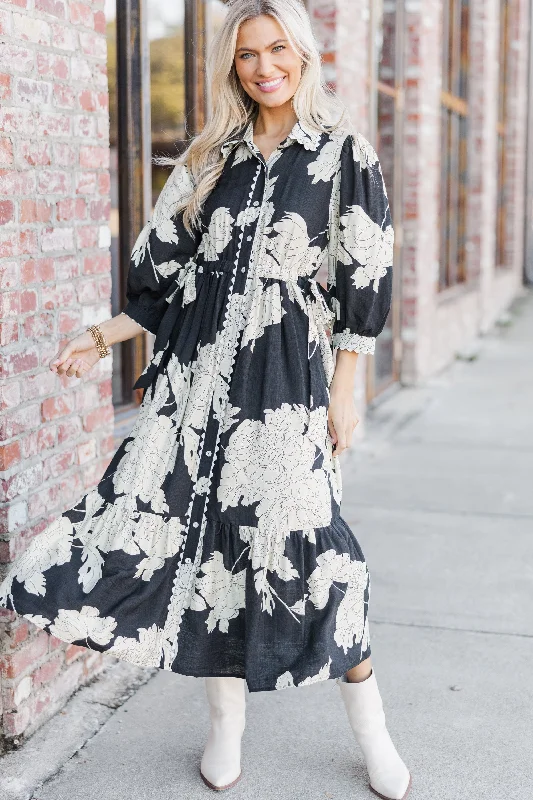 Women's floral dress fur trim -Come Together Black Floral Midi Dress