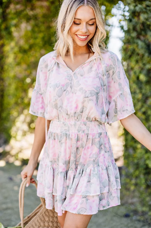 Women's floral dress off shoulder -Listen To Your Heart Peach Pink Floral Dress