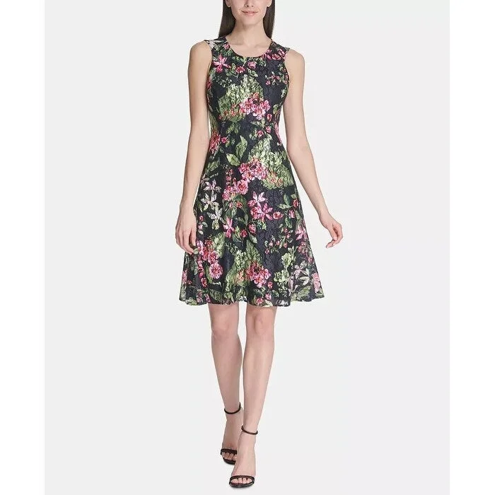 Women's flare dress structured -Tommy Hilfiger Women's Floral-Print Lace Fit & Flare Dress Charcoal Size 2