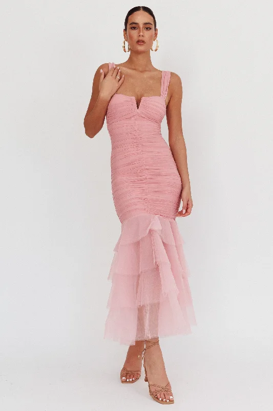 ladies-maxi-dress-v-neck-elegance-Nadia Tulle Hem Ruched Maxi Dress Pink