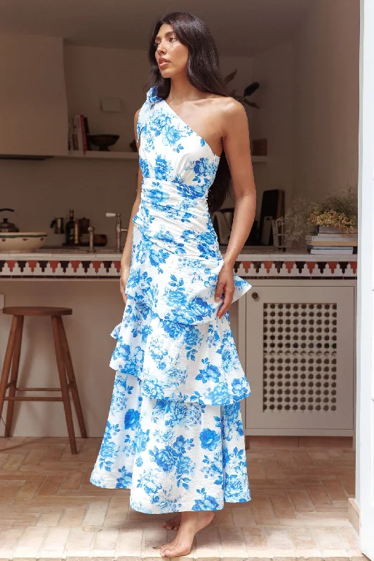 ladies-maxi-dress-cap-sleeve-chic-Kenny One Shoulder Tiered Maxi Dress Blue