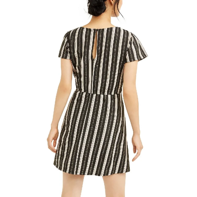 Women's flare dress futuristic -Crystal Dolls Women's Striped Short Sleeve V Neck Short Fit Flare Dress Juniors Black Size S