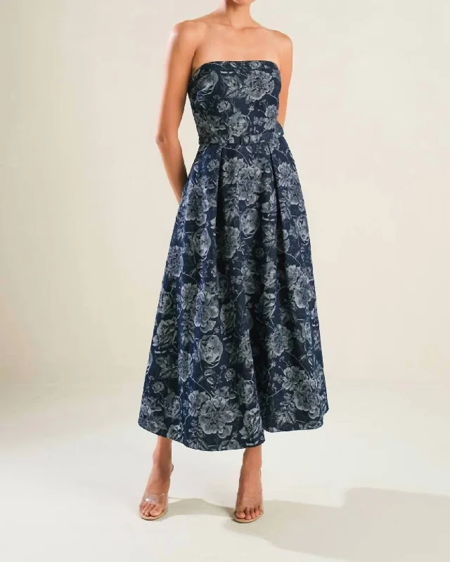 Women's midi dress understated -Strapless Jacquard Midi Dress In Denim