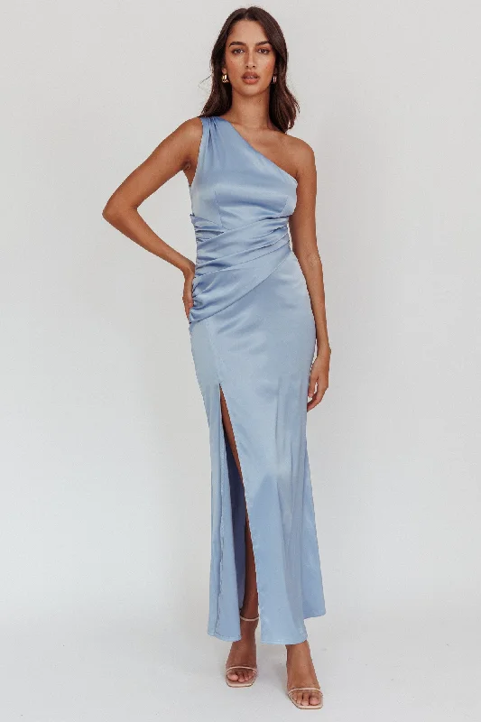 ladies-maxi-dress-tie-front-flair-Taniesha One-Shoulder Gathered Maxi Dress Steel Blue