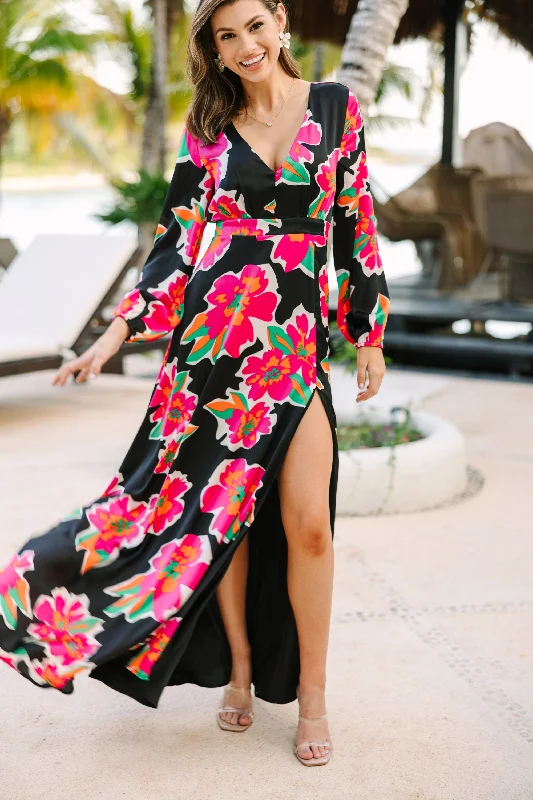 Women's floral dress halter -Just Feels Right Black Floral Maxi Dress