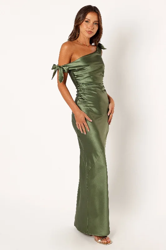 ladies-maxi-dress-forest-flow-Selma Off Shoulder Maxi Dress - Olive