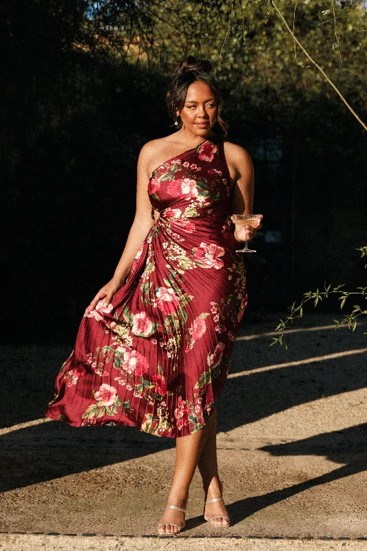 ladies-maxi-dress-claret-flow-Kleo One Shoulder Maxi Dress - Burgundy Floral