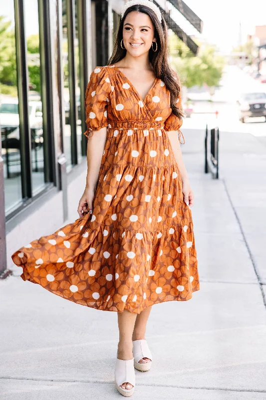 Women's floral dress garden party -In This Moment Brown Floral Midi Dress