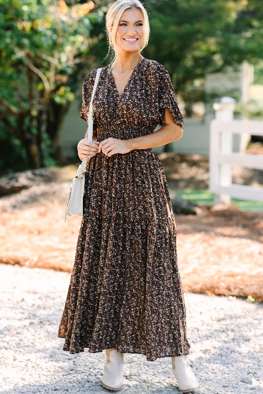 Women's floral dress handmade -Out In The Open Brown Ditsy Floral Maxi Dress