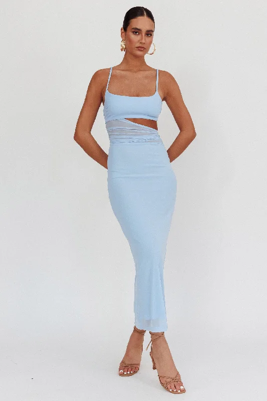 ladies-maxi-dress-belted-sweep-Romany Cut-Out Waist Maxi Dress Light Blue