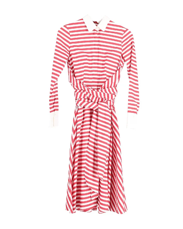 Women's midi dress New Year -Carolina Herrera Collared Striped Belted Midi Dress in Red and White Cotton