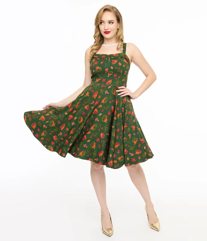 Women's flare dress warm weather -Miss Lulo 1950s Green Hedgehog Forest Print Kyla Fit & Flare Dress