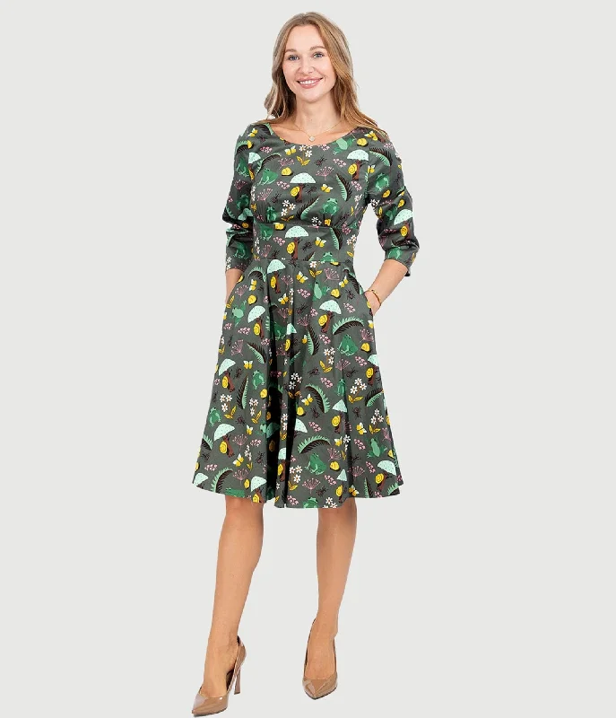 Women's flare dress online -Olive Green & Rain Forest Print Fit & Flare Dress