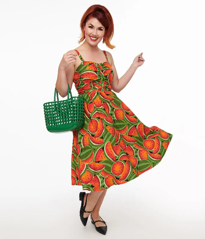 Women's flare dress slim fit -1950s Red & Green Watermelon Print Eden Fit & Flare Dress