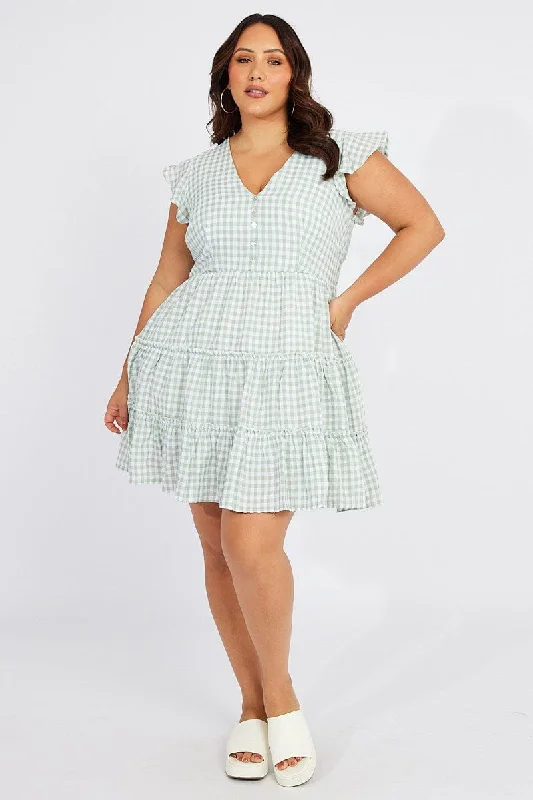 Women's flare dress keyhole -Green Check Fit And Flare Dress Short Sleeve