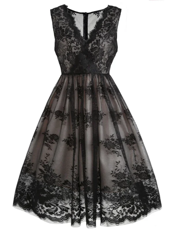 Women's floral dress formal -Black 1950s Lace Floral Swing Dress