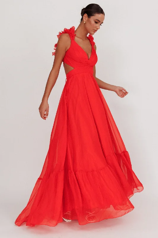 ladies-maxi-dress-designer-drape-Bellamy Lace-Up Back Ruffle Maxi Dress Red