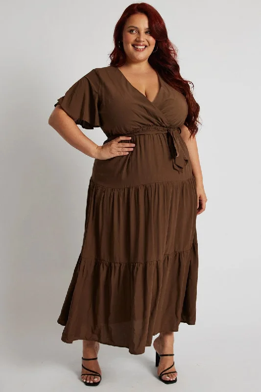 Women's flare dress cinched waist -Brown Wrapover Flare Sleeve Tiered Midi Dress