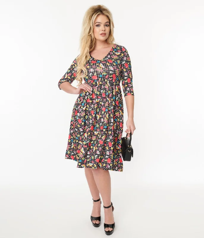 Women's flare dress birthday -Dolly & Dotty Black & Rainbow Retro Print Flare Dress