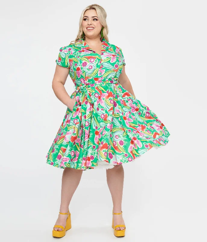 Women's flare dress subtle -Plus Size 1950s Green & Pink Berry Bloom Print Monroe Fit & Flare Dress