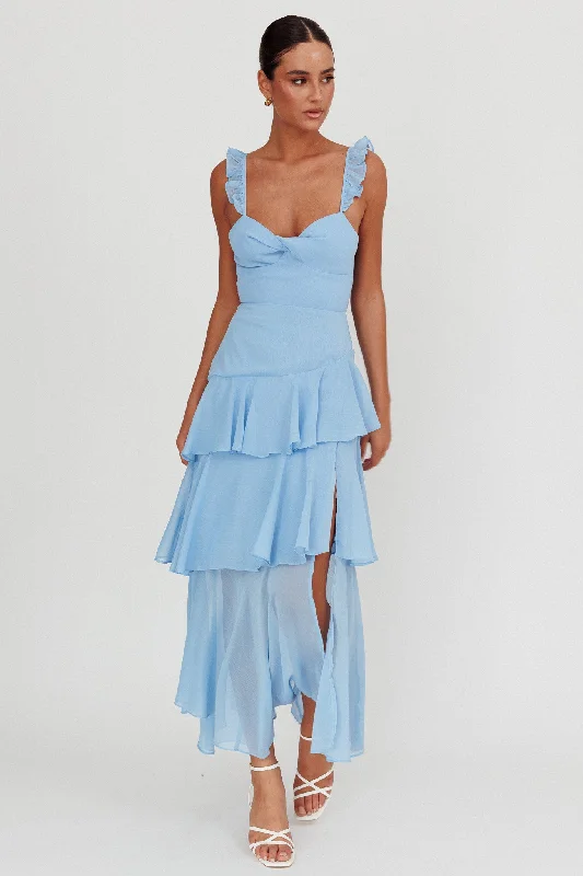 ladies-maxi-dress-short-sleeve-flow-Veda Ruffle Strap Split Maxi Dress Blue