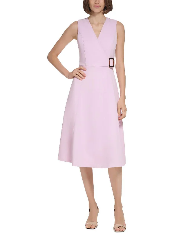 Women's midi dress baby shower -Womens Crepe Belted Midi Dress