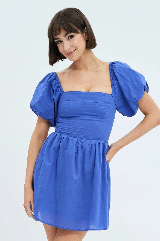 Women's flare dress quilted -Blue Fit and Flare Dress Short Sleeve