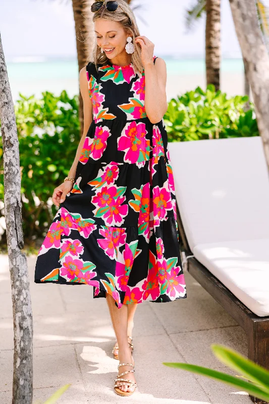 Women's floral dress avant-garde -See You There Black Floral Midi Dress