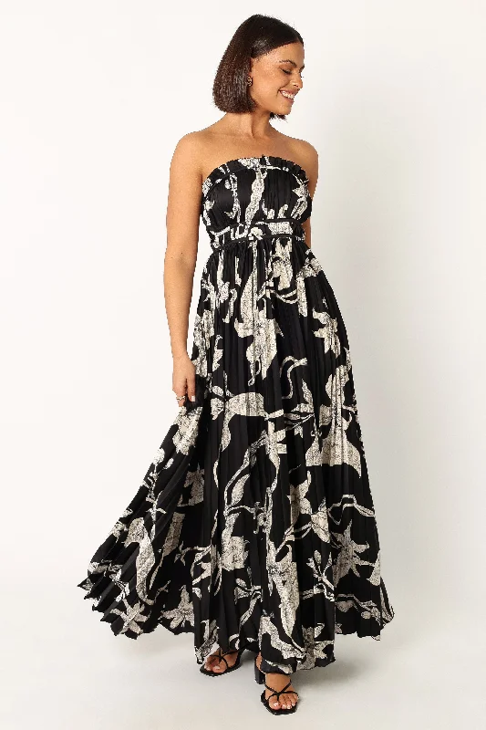 ladies-maxi-dress-teal-flow-Angelique Strapless Maxi Dress - Black Floral