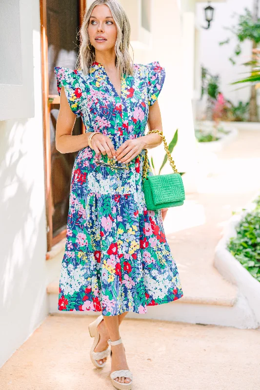 Women's floral dress pink -Bright Days Ahead Navy Blue Floral Midi Dress