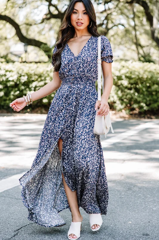 Women's floral dress breathable -What A Doll Navy Blue Floral Maxi Dress