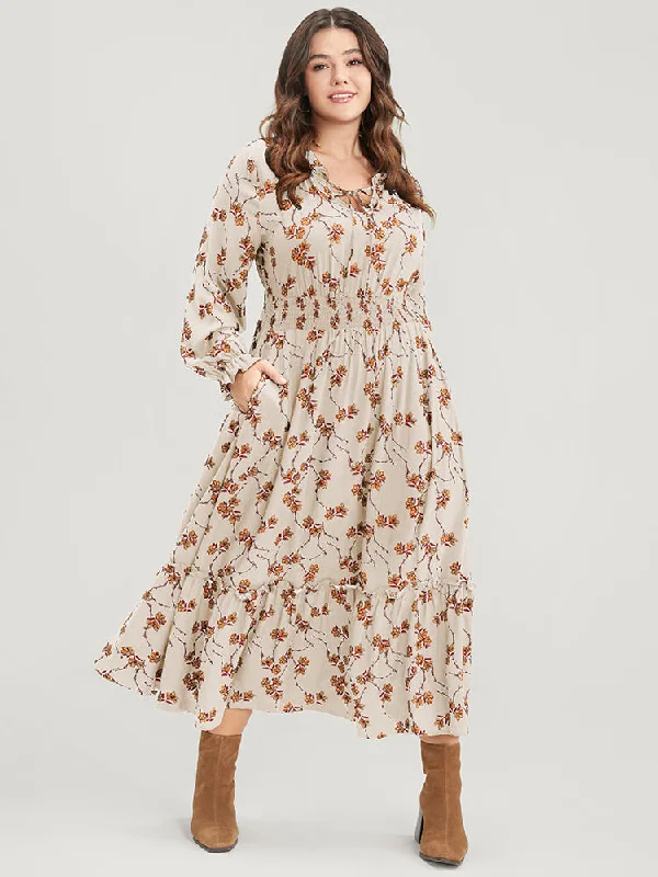 Women's midi dress bridal shower -Floral Lantern Sleeve Pocket Tie Neck Shirred Midi Dress