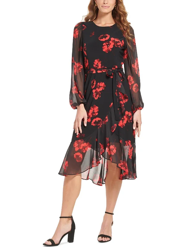 Women's midi dress beach -Petites Womens Floral Print Calf Midi Dress