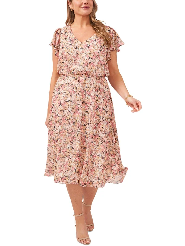 Women's midi dress online -Plus Womens Floral Print Mid Calf Midi Dress