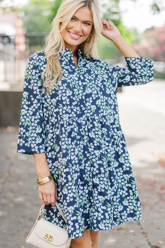 Women's floral dress blue -Always The One Navy Blue Floral Shift Dress