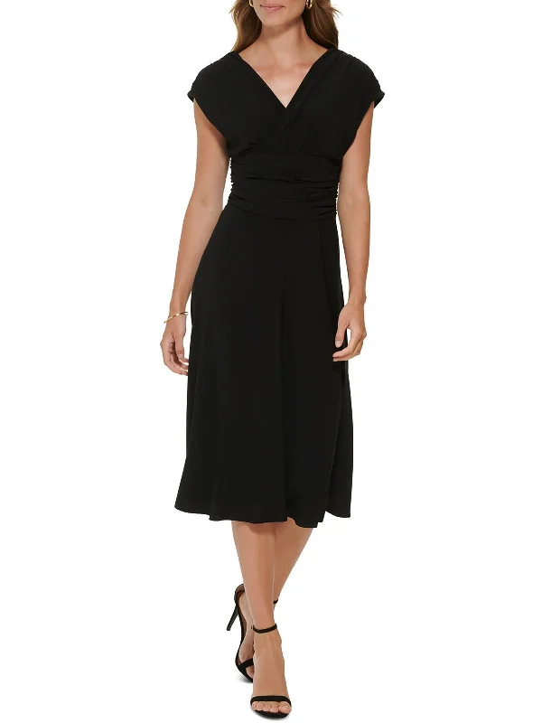 Women's midi dress trendy -Womens Ruched V-Neck Midi Dress