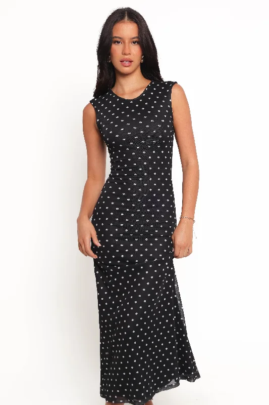 ladies-maxi-dress-fresh-sweep-Drea Maxi Dress - Black Polka Dot